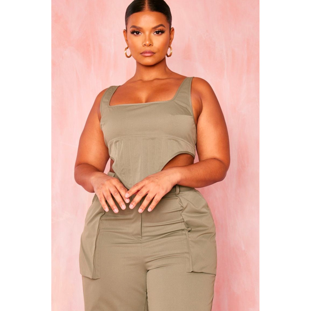 Prettylittlething Plus Khaki Twill Dip Hem Structured Cargo Corset Size 16 NWT